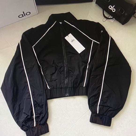 ALO Yoga Jackets & Blazers - ALO Yoga Black Cropped Bomber Jacket with White Piping